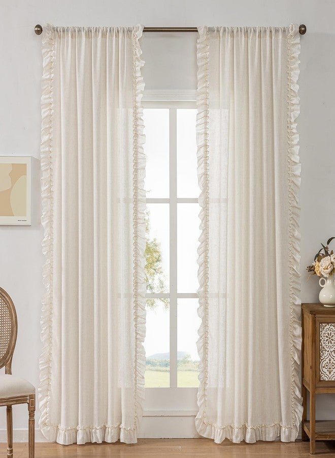 TERLYTEX Linen Ruffle Curtains for Living Room, 2 Panels Farmhouse Ruffled Curtains 84 Inches Long, Rod Pocket Privacy Light Filtering Semi-Sheer Cottagecore Window Flowy Scalloped Curtain Drapes, 58 x 84 Inch - Image 2